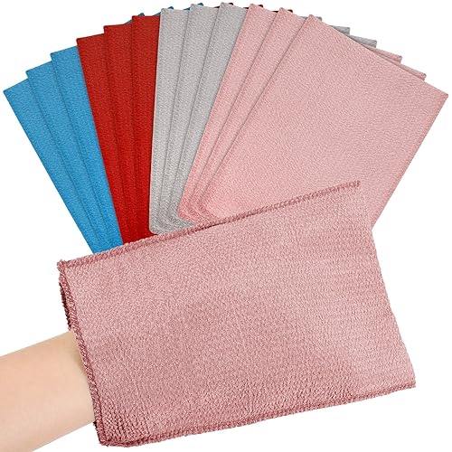 Tatuo Korean Exfoliating Mitts - 12 Pack Small Skin Scrubber, Pink, Red, Gray, Blue