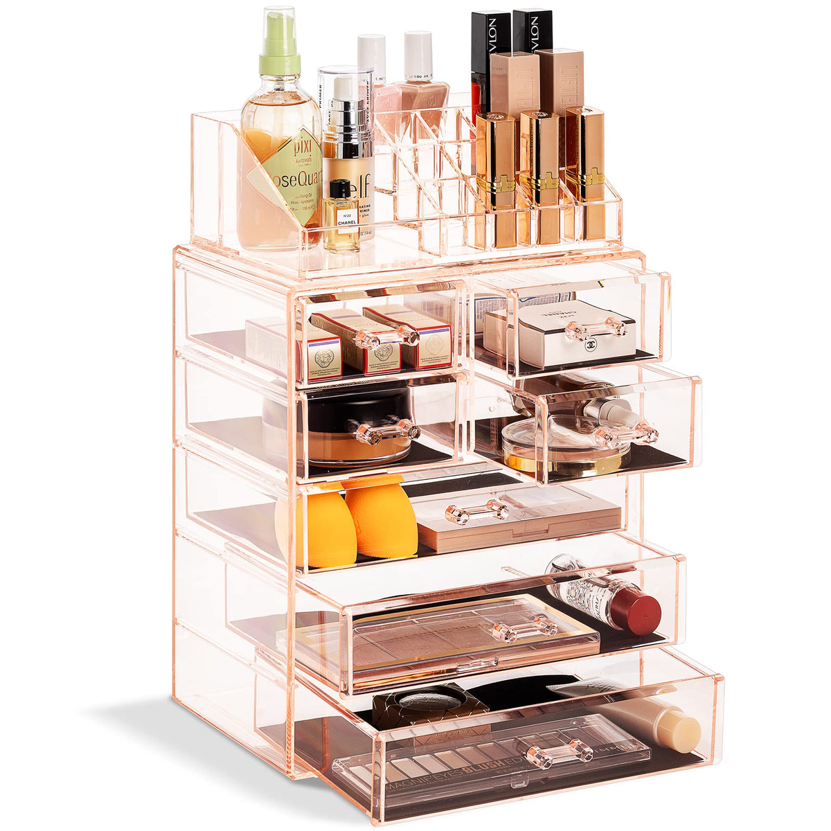 Sorbus Pink Acrylic Makeup Organizer - 3 Large & 4 Small Drawers For Dresser & Vanity Storage