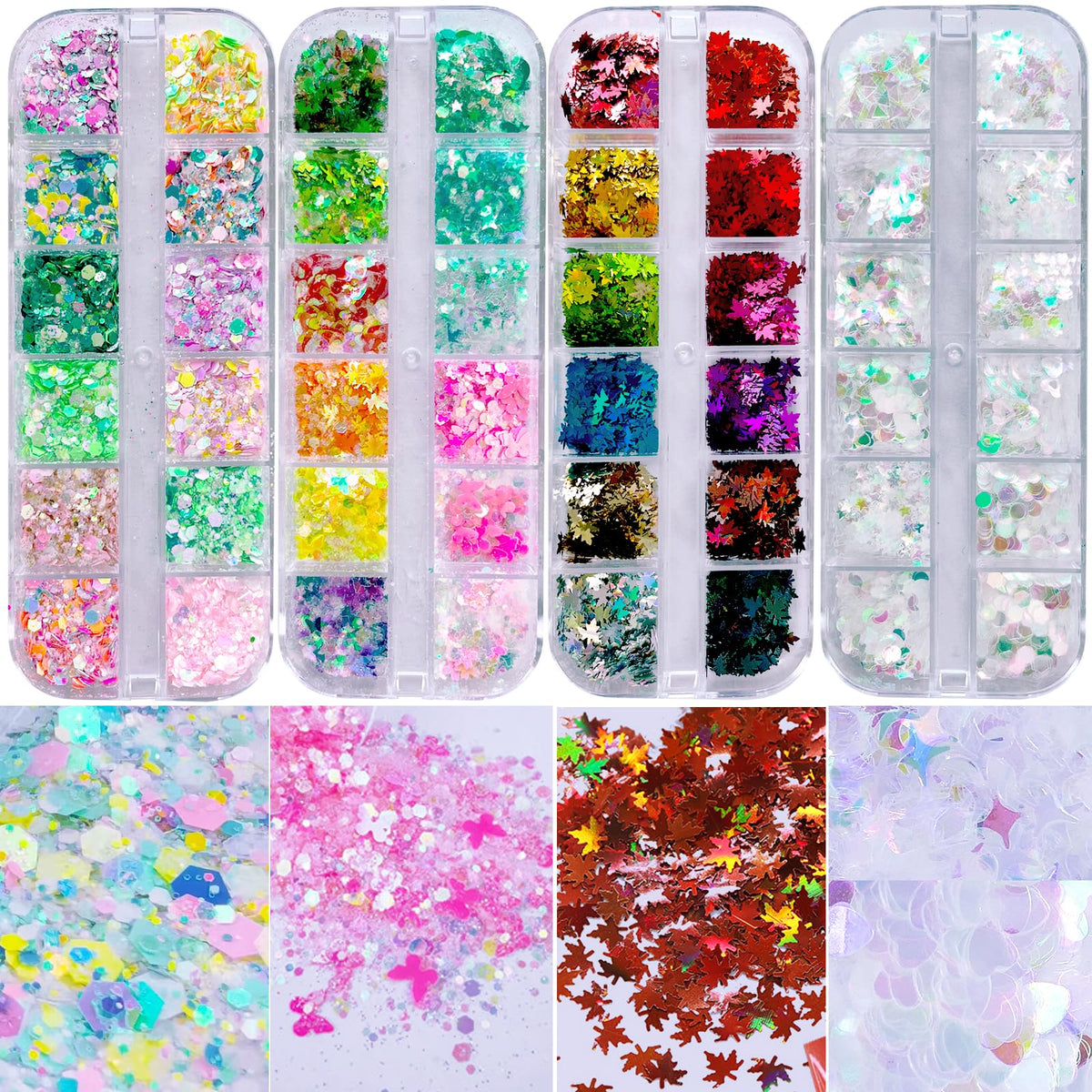 AddFavor Holographic Nail Glitter Flakes - 4 Boxes Mixed Shapes for Nail Art & Decor