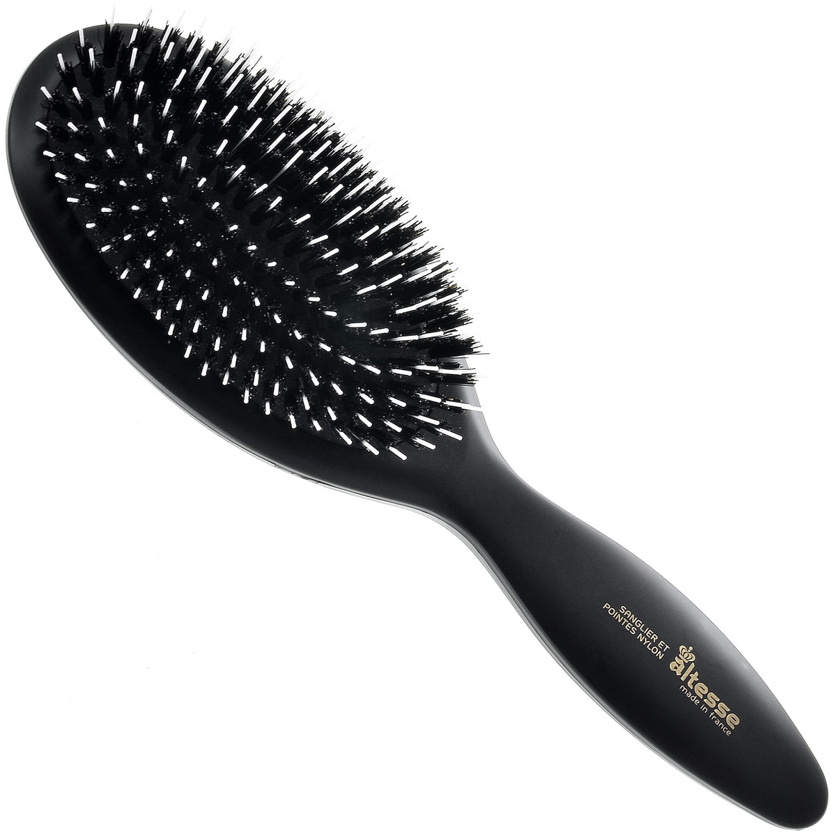 Altesse Large Natural Bristle Hair Brush - Detangler with Matte Black Handle for Thick Hair