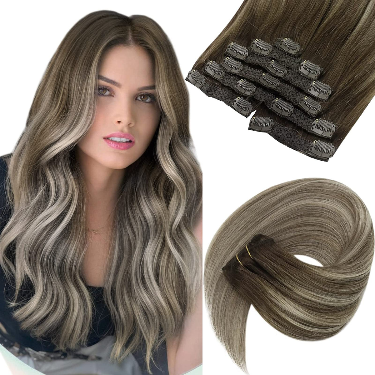 VeSunny 14&quot; Clip-In Human Hair Extensions Balayage Dark Brown Ombre Mix, 120g, 7pcs