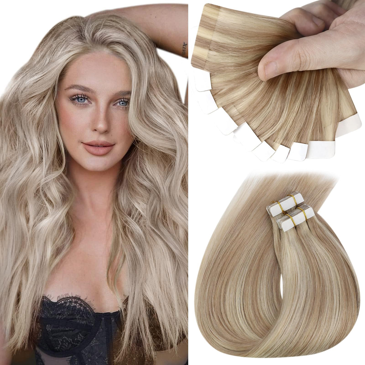 Sunny Hair Tape In Extensions - Ash Blonde Highlights, 22&quot; Human Hair, Invisible & Lightweight