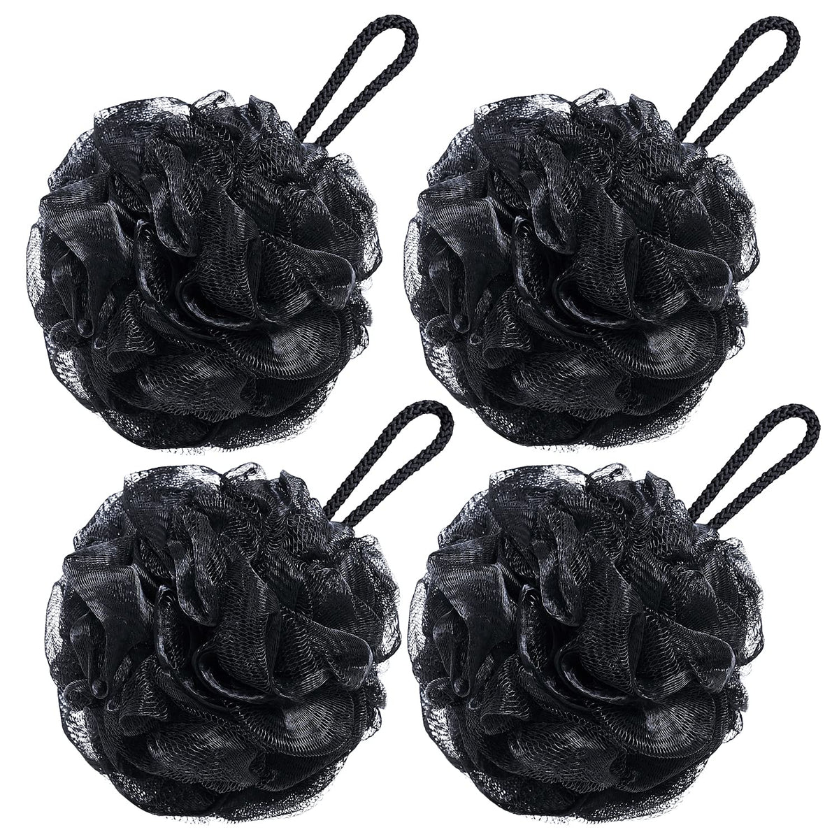 Vanzavanzu Large Bath Loofah Sponge Set Of 4 Black Mesh Poufs For Men And Women