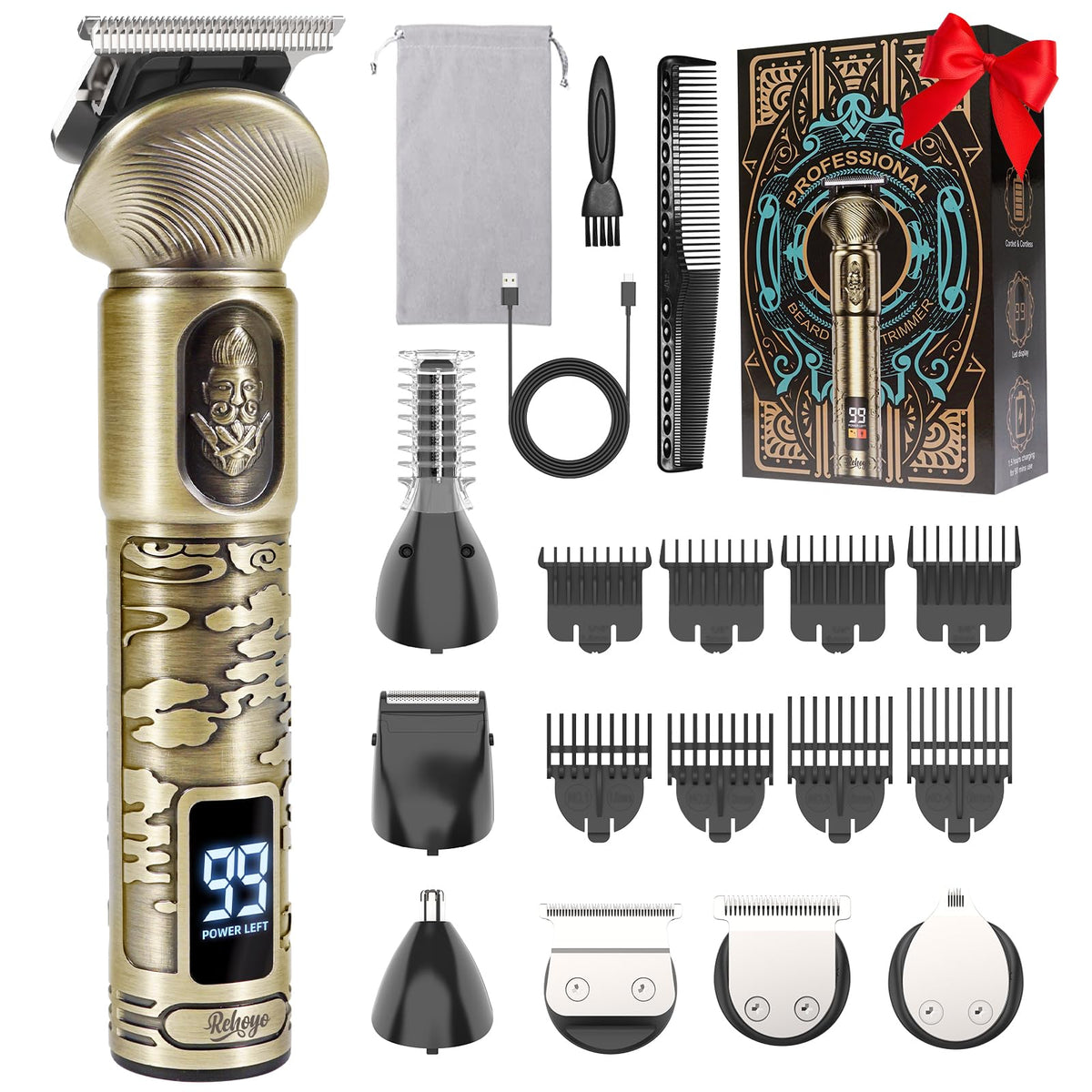 Rehoyo Waterproof Cordless Beard Trimmer Kit For Men, Rechargeable Hair Clipper & Shaver, Gold