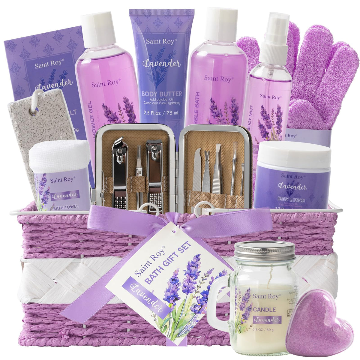 Saint Roy Luxury Lavender Bath Gift Basket For Women & Men - 20Pcs Spa Kit & Self Care Set