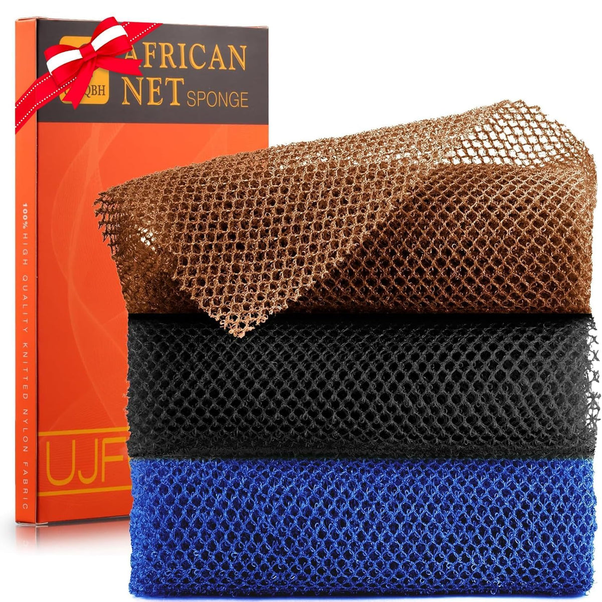 Ujfqbh 3-Piece African Bath Sponge Set - Exfoliating Shower Scrubber In Black, Blue, Brown