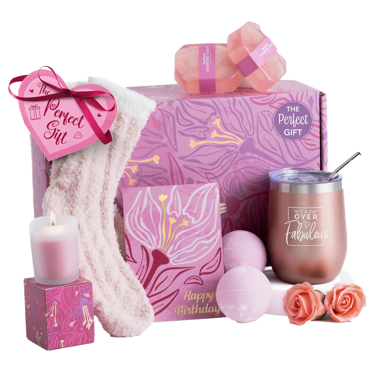 Sodilly Happy Birthday Gift Box - Spa Gift Basket For Women With Tumbler, Candles & Bath Bombs