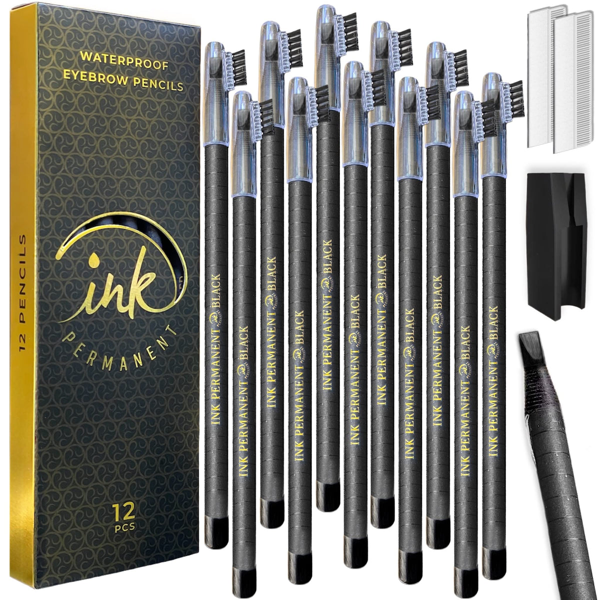 Ink Permanent Waterproof Eyebrow Mapping Pencils Set - 12 Black Peel Off Pencils With Shaper/Sharpener