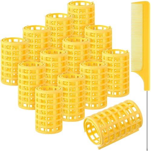 Syhood 12 Pack Hair Rollers, Large Plastic Curlers with Rat Tail Comb for Long Hair, Yellow