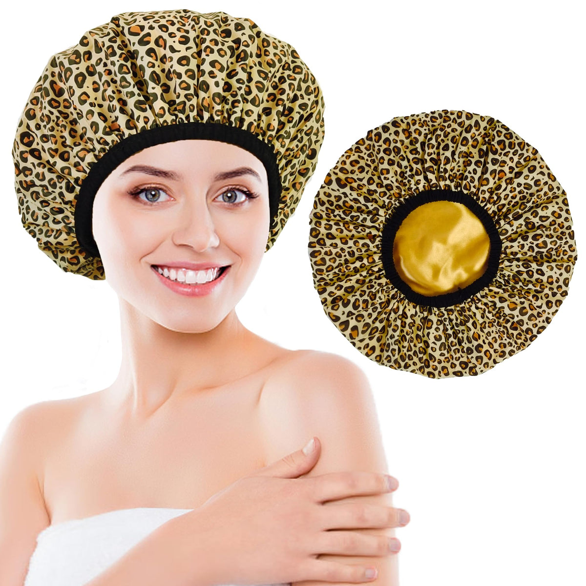 Choshion Large Leopard Stripes Shower Cap, Reusable Waterproof Satin Lined For Long Hair