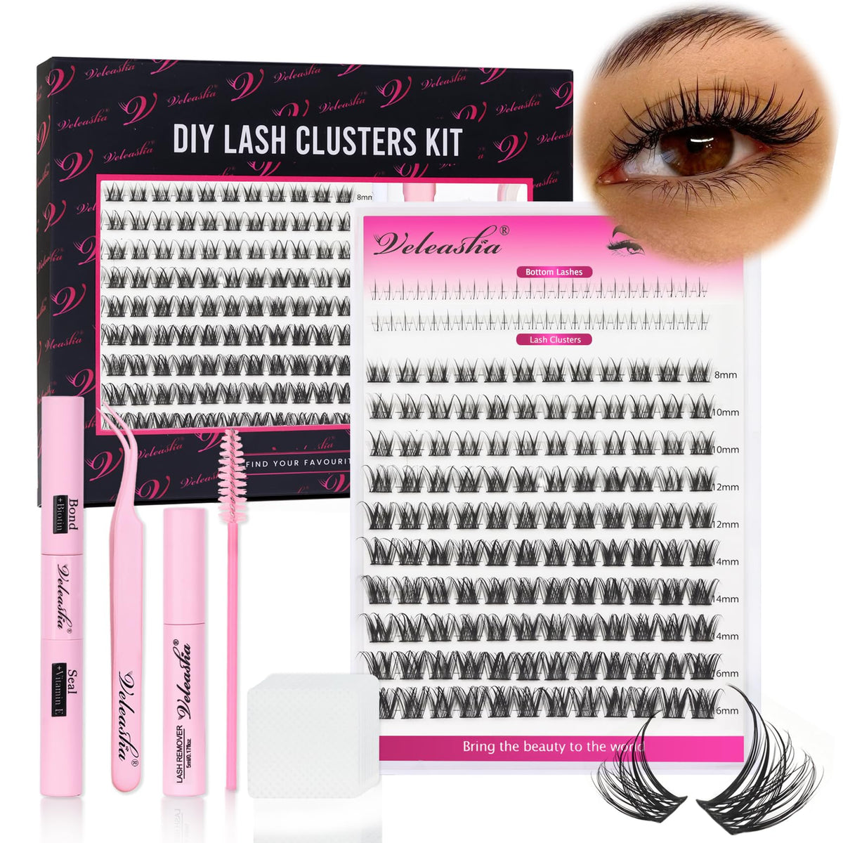 Veleasha Wispy Lash Clusters Kit - Natural D Curl 8-16Mm Faux Mink With Waterproof Bond & Seal