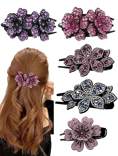 Ljc-20 Double Flower Rhinestone Hair Clips - 5 Pcs Crystal Luxury Barrettes For Women