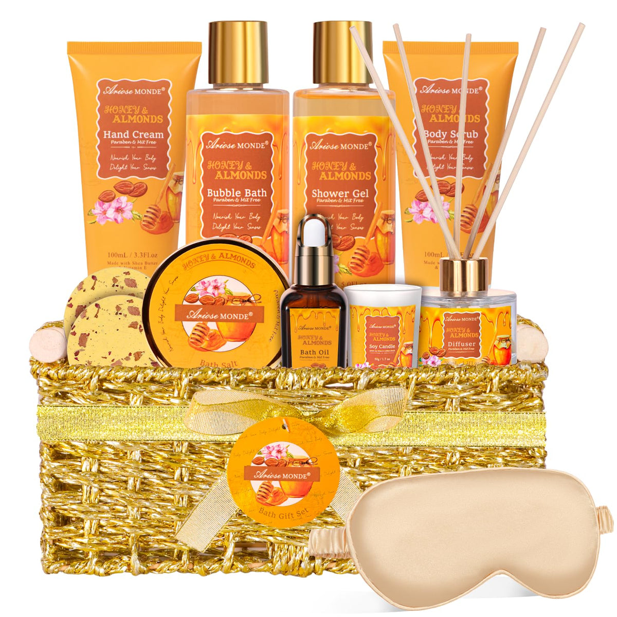 Ariosemonde 13Pcs Honey Almond Spa Gift Set For Women - Scented Candle, Shower Steamer & More