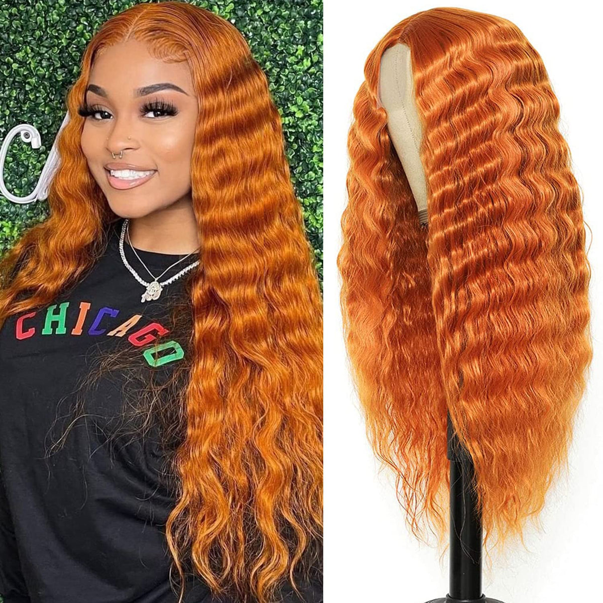 Clione 28&quot; Orange Synthetic Curly Lace Front Wig, Long Deep Wave, Natural Crimps For Women