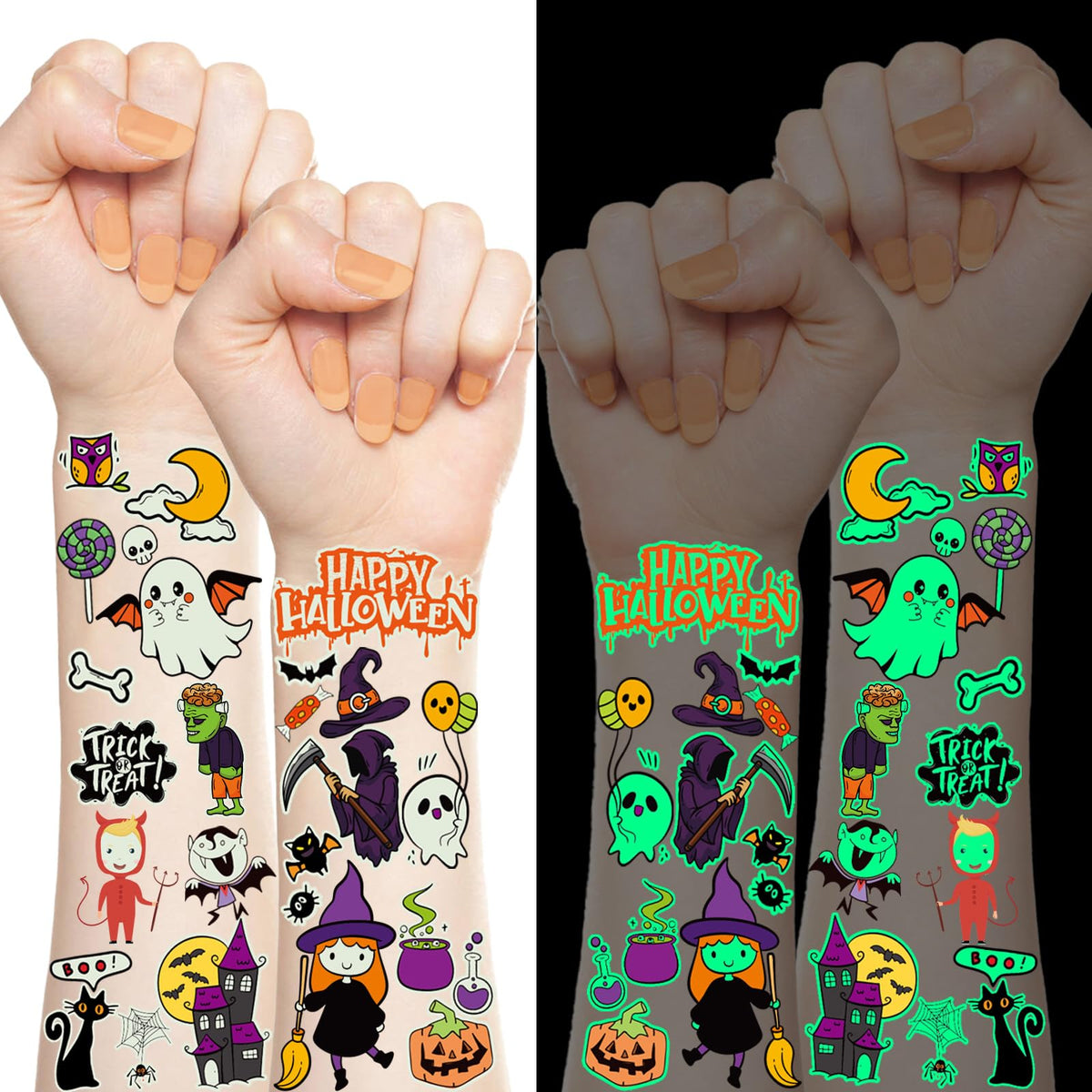 Xzentira Halloween Glow Tattoo Set - 404 Pcs Temporary Tattoos For Kids, Party Supplies & Favors