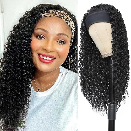 Aksice 24&quot; Synthetic Curly Headband Wig for Black Women, Water Wave Glueless Hairband Wig