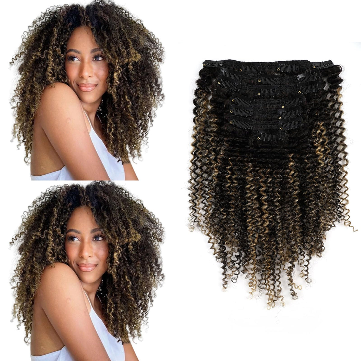 Sassina 14&quot; Kinky Curly Clip-In Hair Extensions for Black Women, Natural Black to Strawberry Blonde