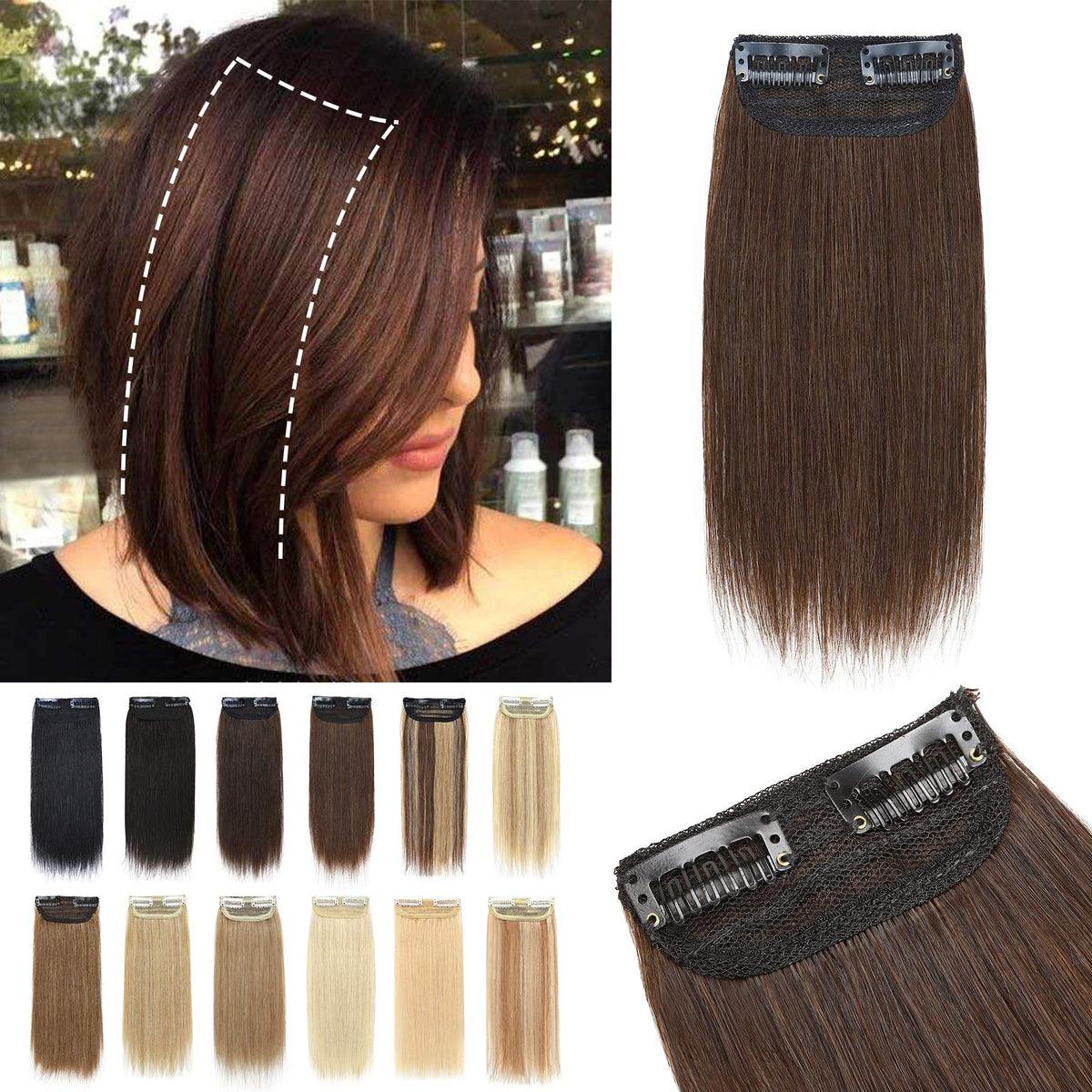 S-noilite 8&quot; Medium Brown Clip-in Human Hair Extensions for Thinning Hair, 1PCS, 2 Clips