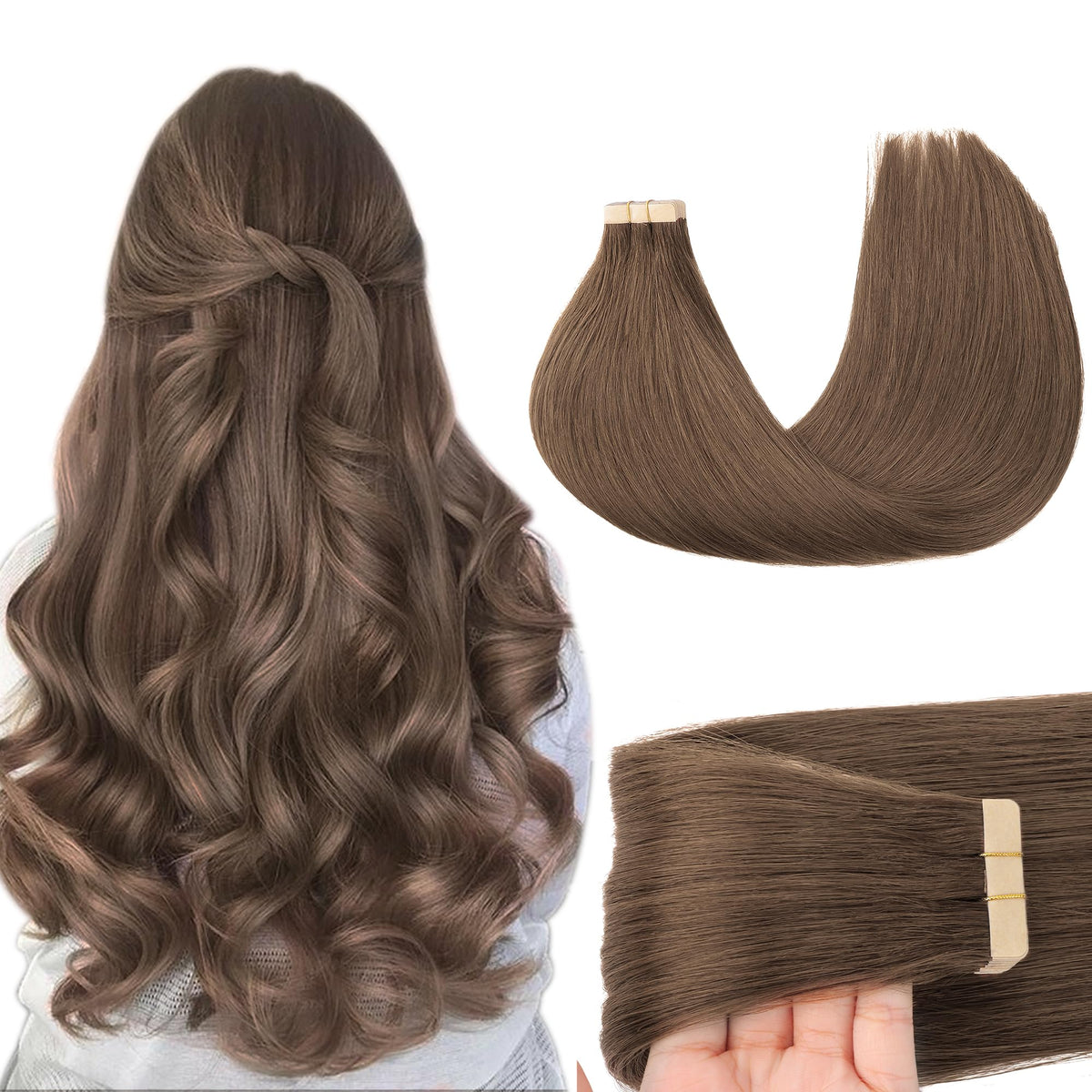 GOO GOO Tape in Hair Extensions, 22&quot; Light Ash Brown, Human Hair, 50g, 20pcs, Seam