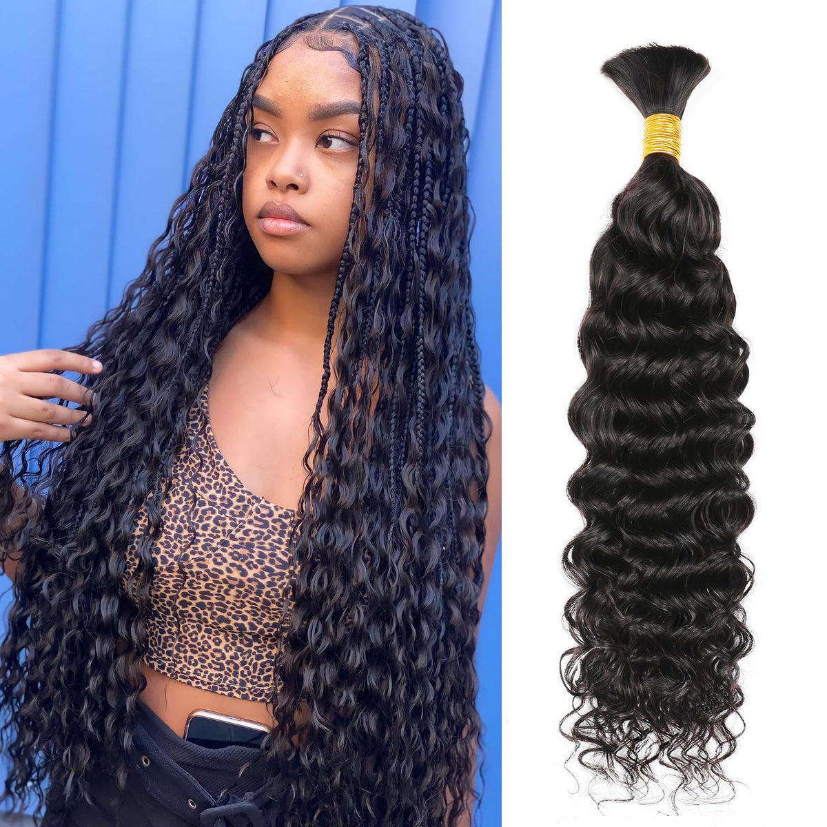 Showcoco Water Wave Human Hair Extensions 22&quot; Natural Black For Braiding, 50G, No Weft