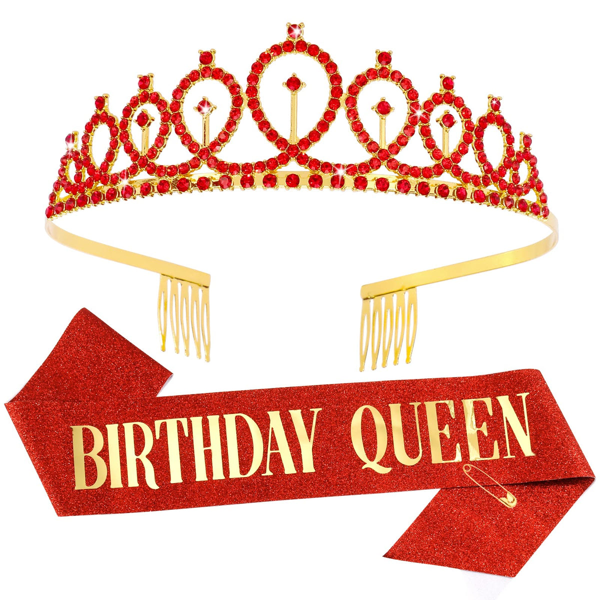 Cieher Birthday Queen Sash & Red Tiara Kit - Rhinestone Headband & Glitter Sash Set For Women