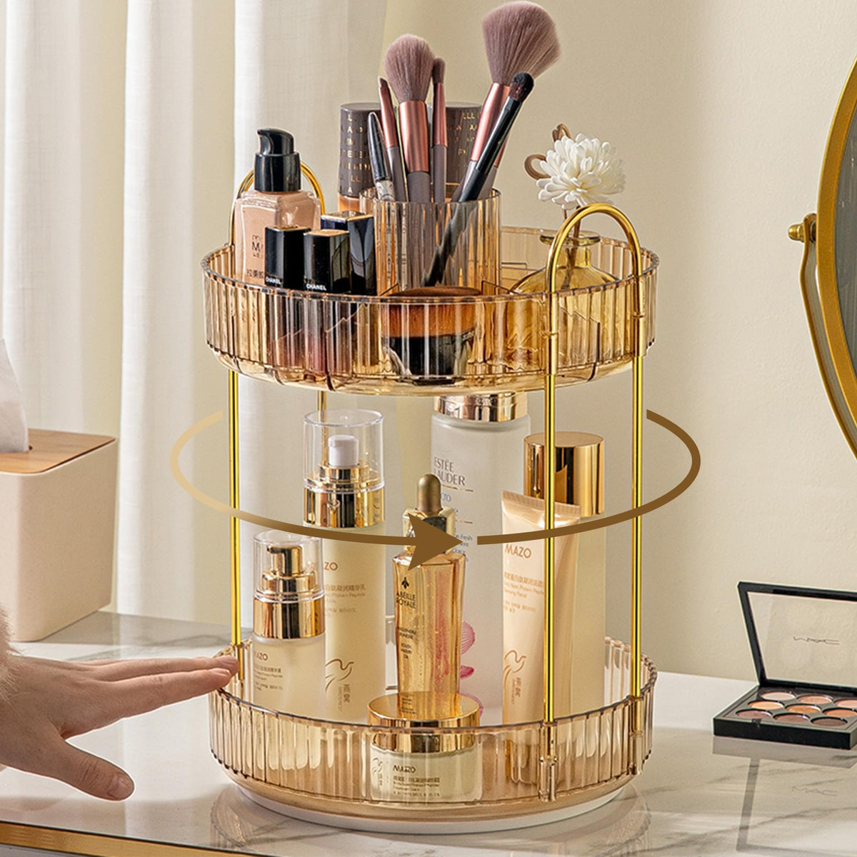 Aveniee 360 Rotating Makeup Organizer - 2 Tier Amber Gold Cosmetic Storage For Vanity