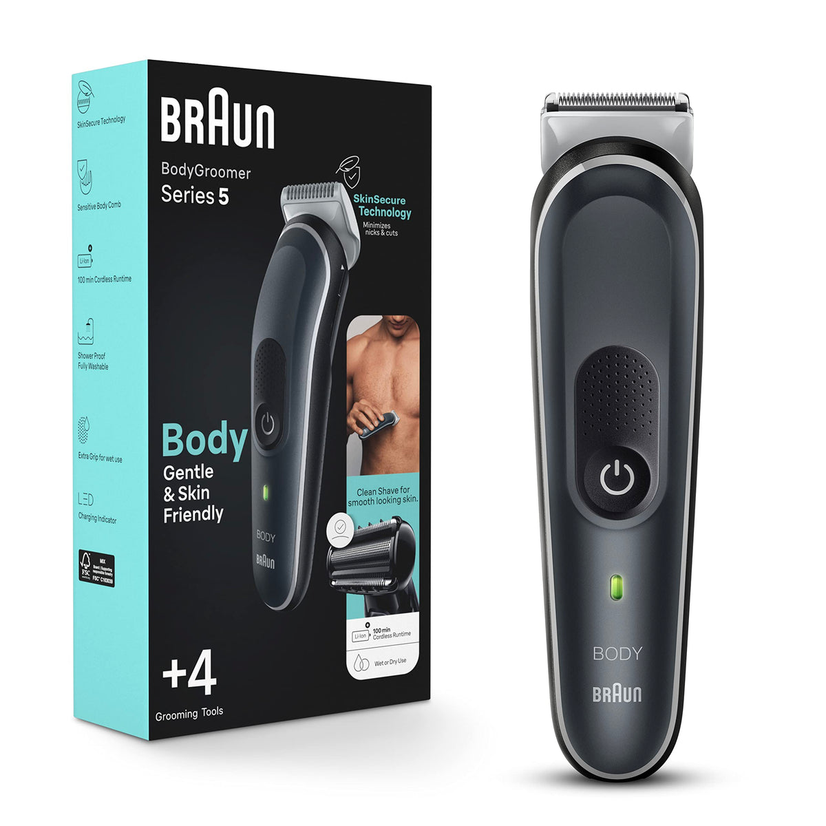 Braun Body Groomer Series 5, Waterproof, Gentle Skinsecure Technology, 100-Min Cordless Use