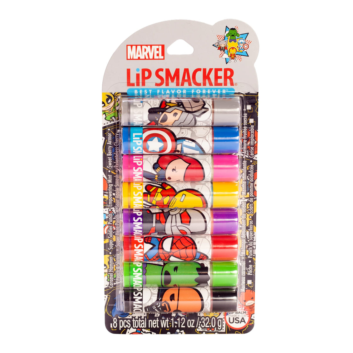 Lip Smacker Marvel Avengers Lip Balm Party Pack, 8 Count For Kids - Spider-Man, Iron Man, Captain America