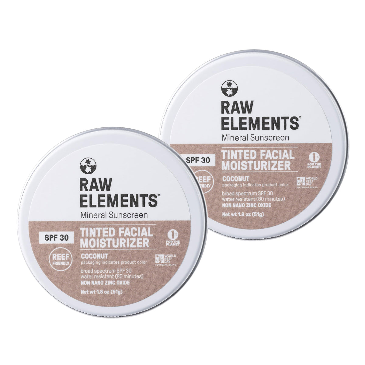 Raw Elements Tinted Face Cream Spf 30, Non-Toxic, Coconut, 1.8 Oz, Pack Of 2, Reef