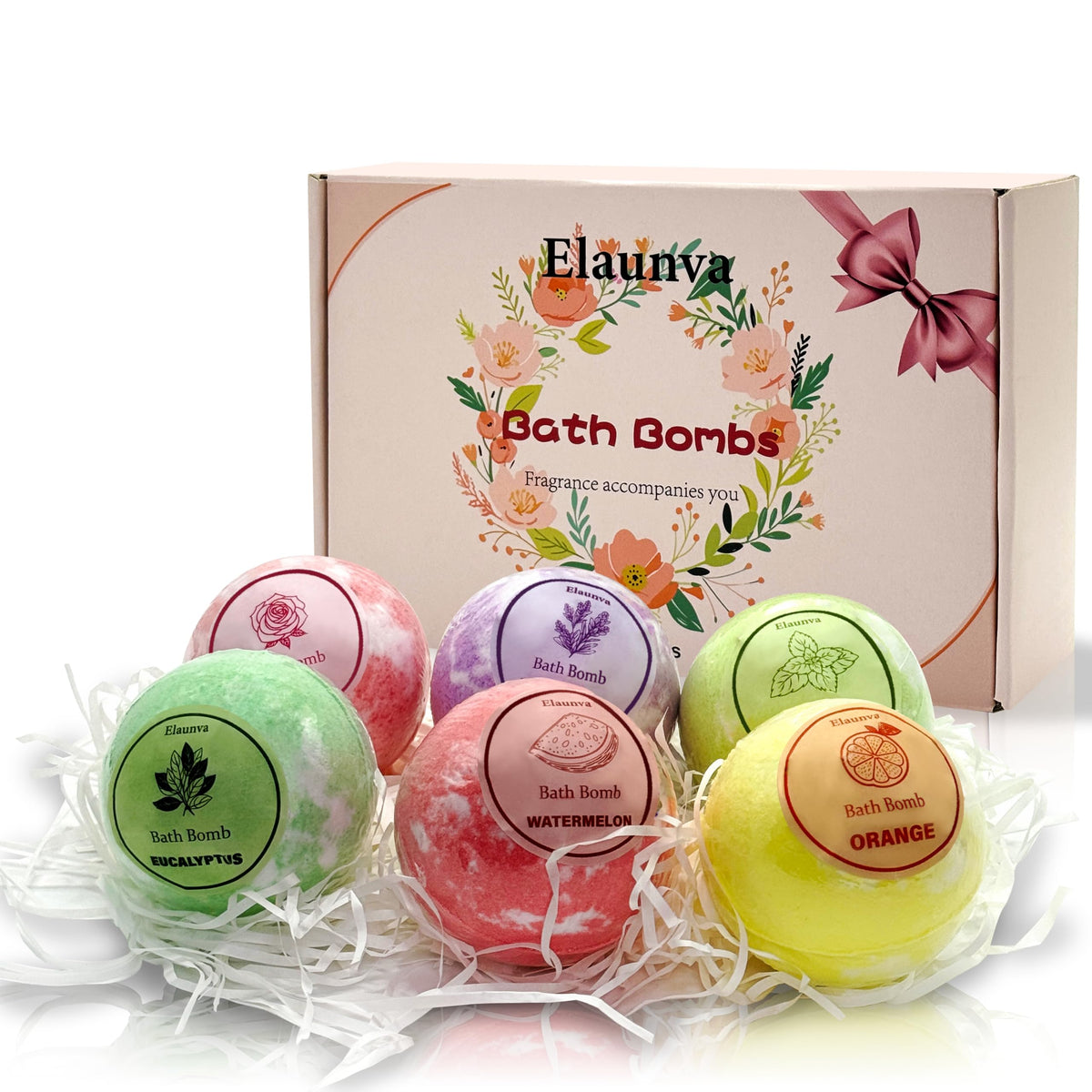 Elaunva Bath Bombs Set, 6Pcs 100G - Lavender, Peppermint, Orange, Eucalyptus, Rose,