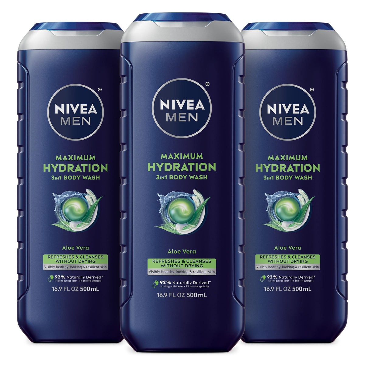 Nivea Men Aloe Vera Body Wash For Dry Skin, 3 Pack Of 16.9 Fl Oz Bottles - Maximum Hydration