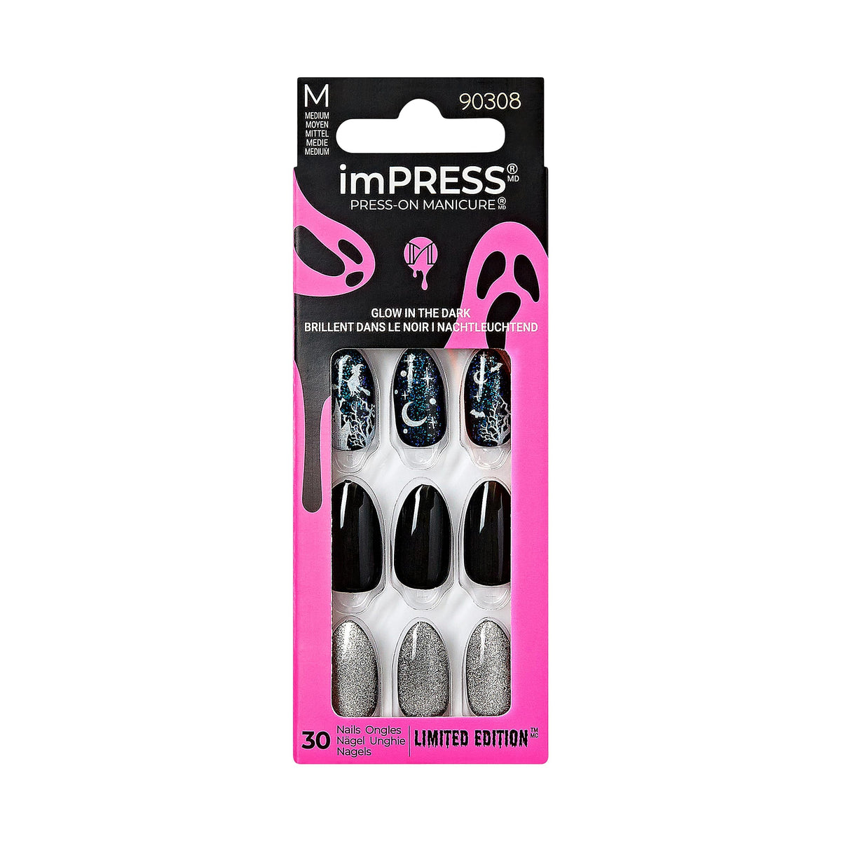 Kiss Impress Halloween Press-On Manicure, Blue, Medium Almond, Chip & Smudge Proof, 30 Nails