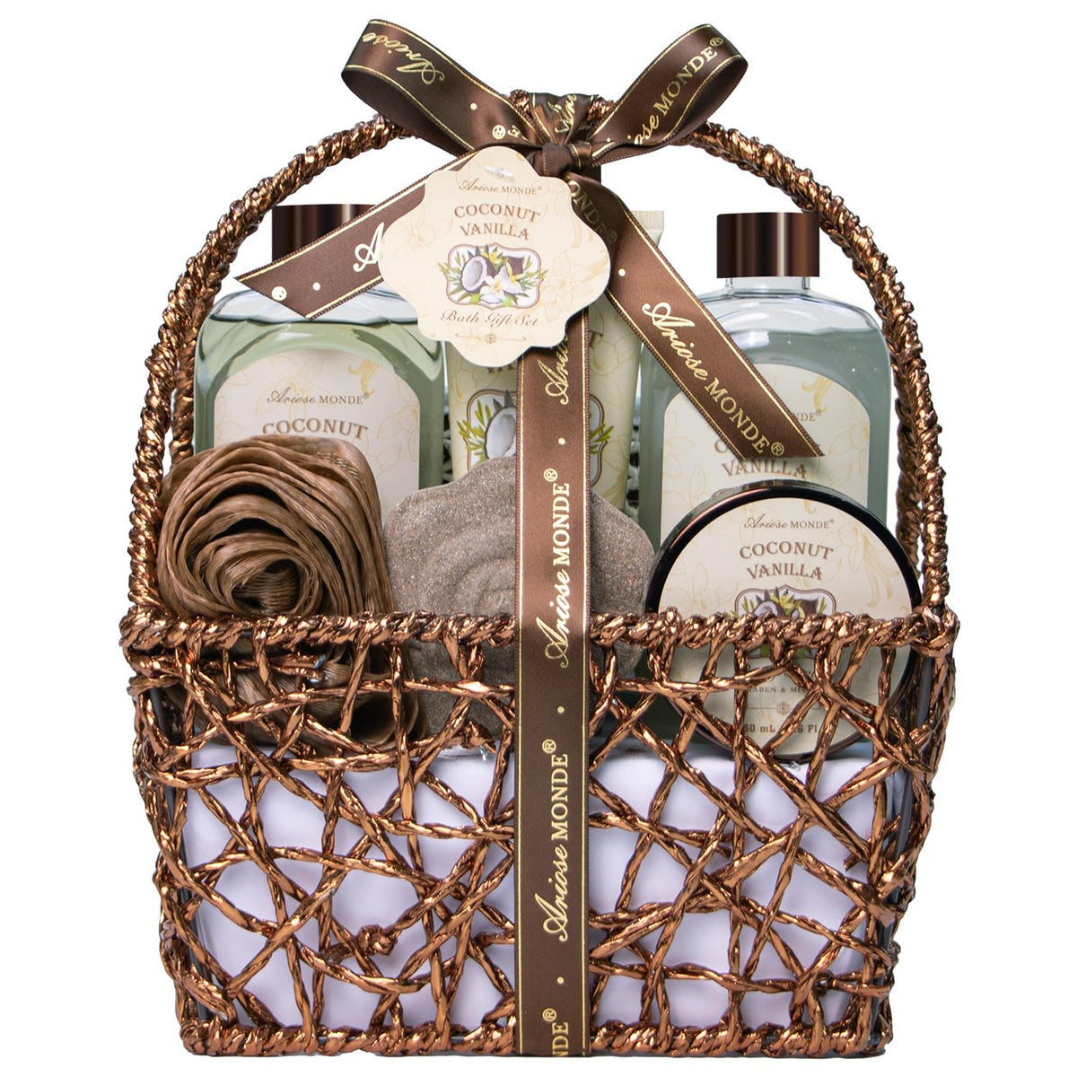 Ariosemonde Spa Gift Basket For Women - Coconut Vanilla Bath Set With Bombs, Lotion & Scrub