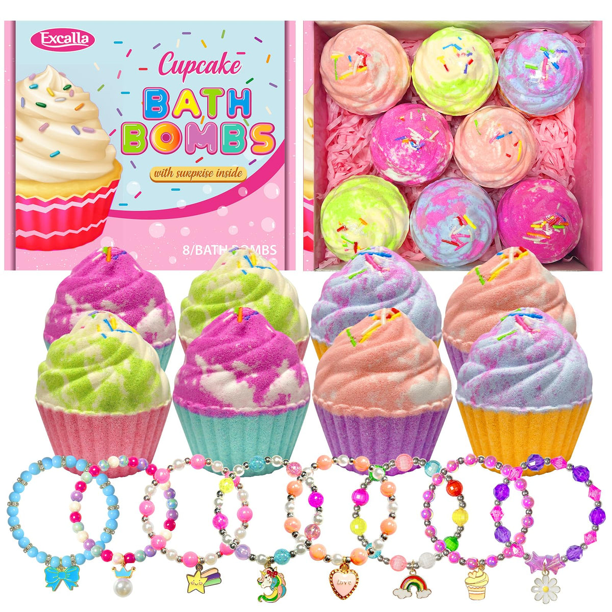 Excalla Cupcake Bath Bombs For Kids - 8 Surprise Jewelry Fizz Balls, Perfect Gift Set