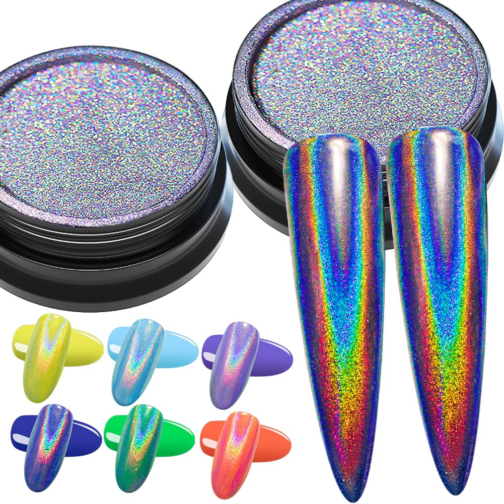 GA&EN Holographic Nail Powder Set - 2 Jars Rainbow Effect + 6PCS Sponge Tools for Nail Art