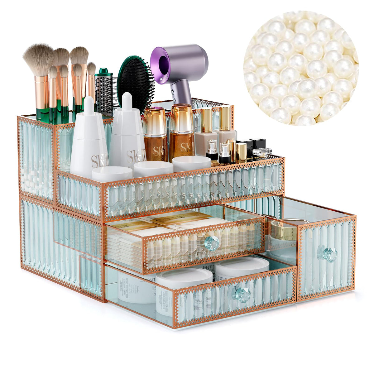 Youdepot Large Tempered Glass Makeup Organizer - Green Vanity For Cosmetics, Skincare & Brushes