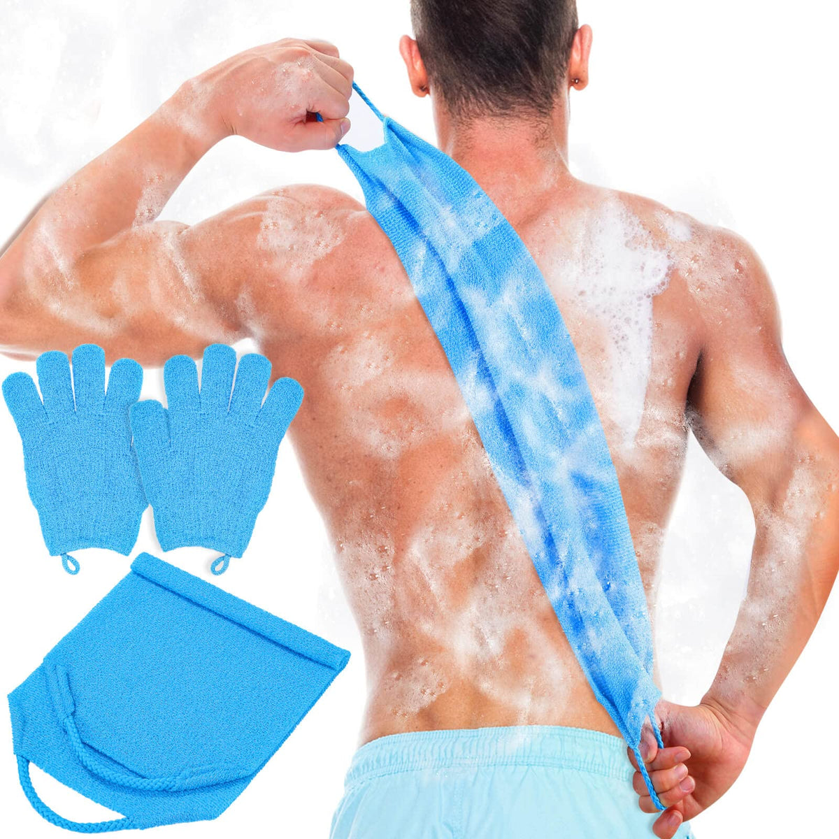 Anezus Exfoliating Back Scrubber Set - Blue Shower Gloves & Towel For Dead Skin Removal