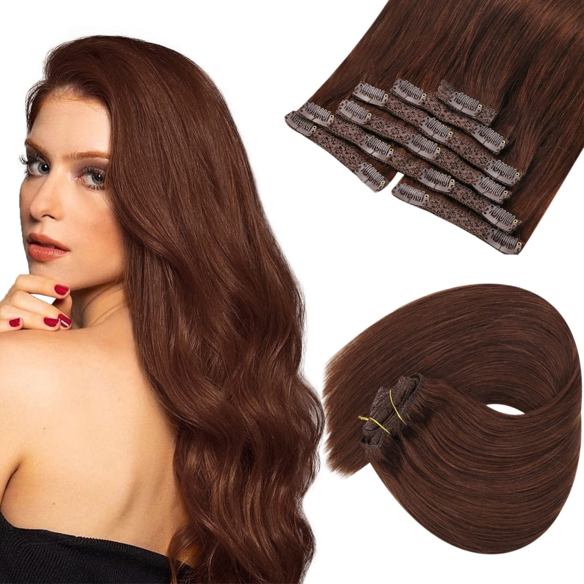 VeSunny Clip in Human Hair Extensions 14 Inch Auburn Brown 120g Remy Double Weft Full Head