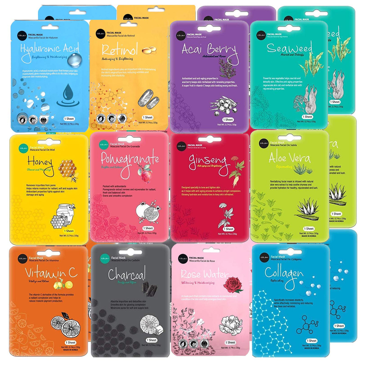 Celavi Face Mask Set - Korean Beauty Essence Facial Masks, 24 Moisturizing Sheet Masks, K-Beauty