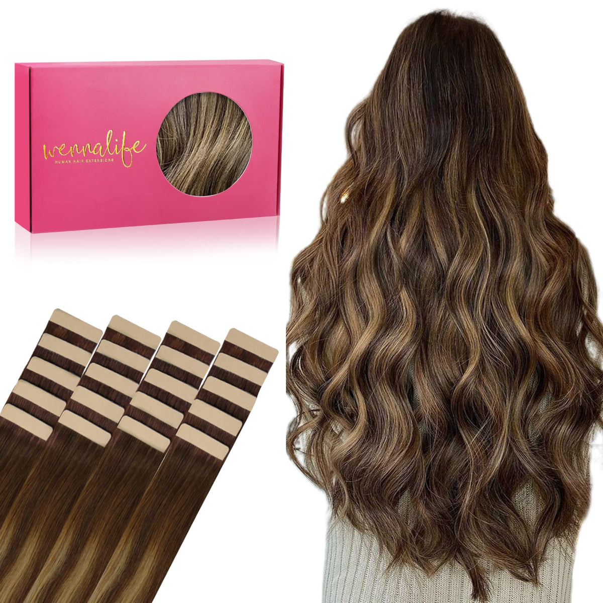 WENNALIFE 10&quot; Tape in Hair Extensions, 20pcs 30g Balayage Chocolate Brown to Caramel Blonde