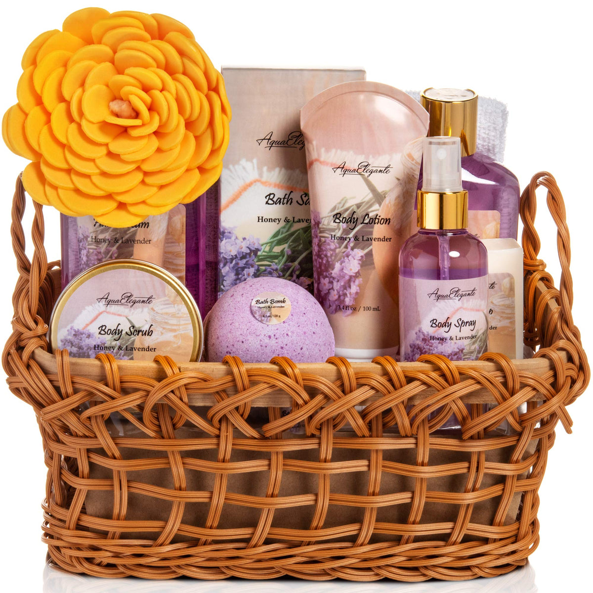 Aqua Elegante Spa Baskets For Women - 13 Piece Luxury Bath Set With Honey & Lavender