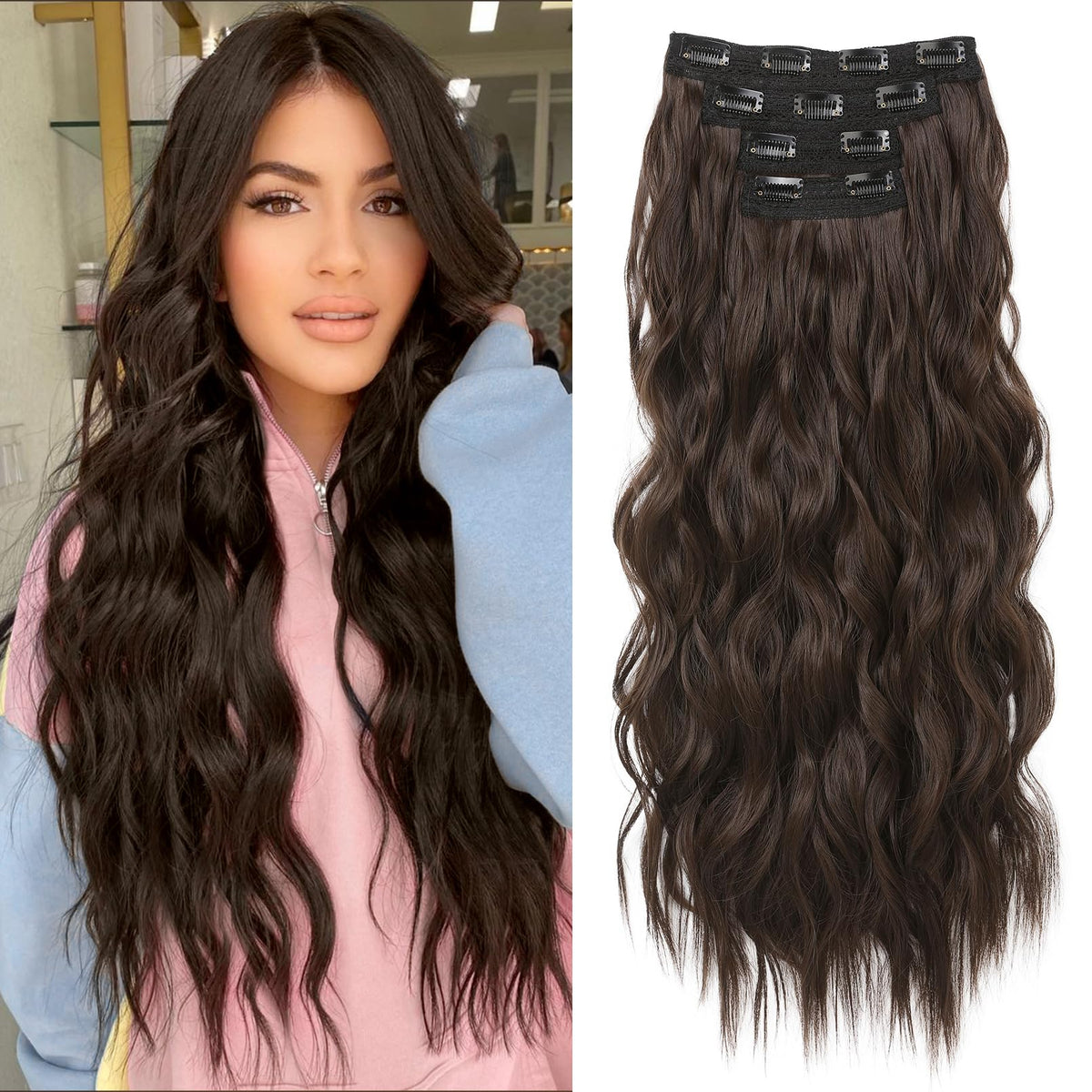 REECHO 24&quot; Clip in Hair Extensions, Chocolate Brown, Thick Long Beach Waves, Invisible Lace Weft