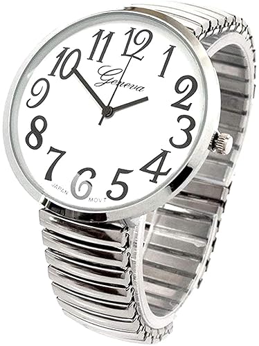 Geneva Silver Super Large 43Mm White Face Fashion Watch With Stretch Band & Japanese Movement