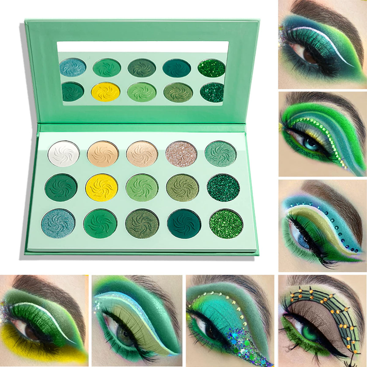 Nvleptap Green Eyeshadow Palette - 15 Highly Pigmented Matte & Glitter Shades, Waterproof Makeup