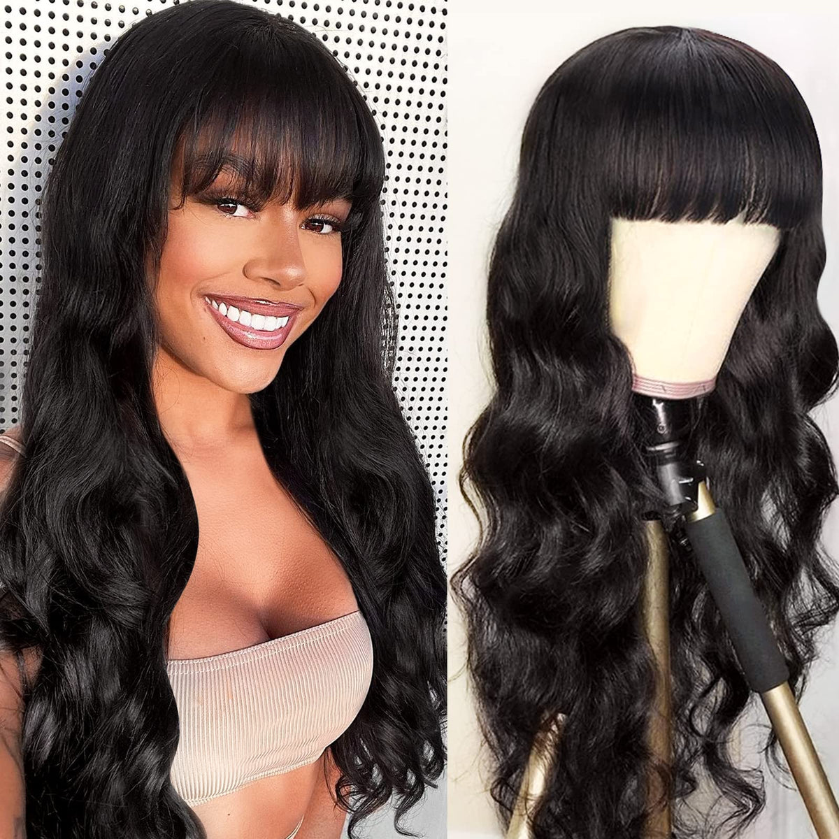 Lativ 22&quot; Body Wave Human Hair Wig With Bangs, 150% Density, Glueless, Natural Color