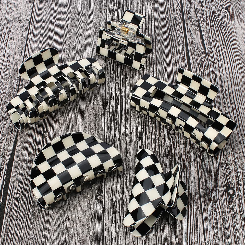 AHONEY Checkered Hair Clip Set - 5 Pack Big Claw Barrettes for Y2K Aesthetic Hair Accessories