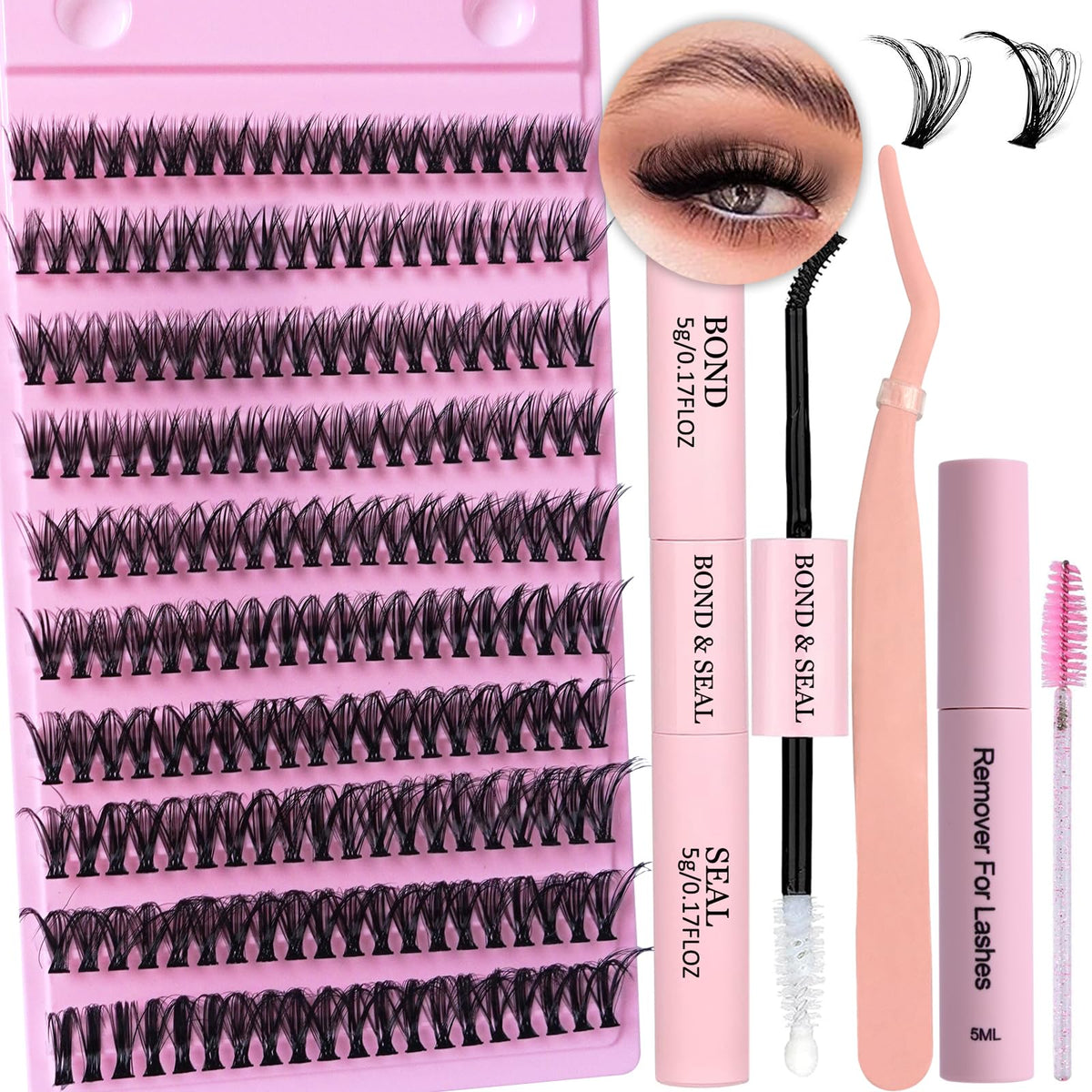 Yaiseiko Lash Extension Kit 200Pcs 50D D Curl Diy Clusters With Waterproof Bond & Seal