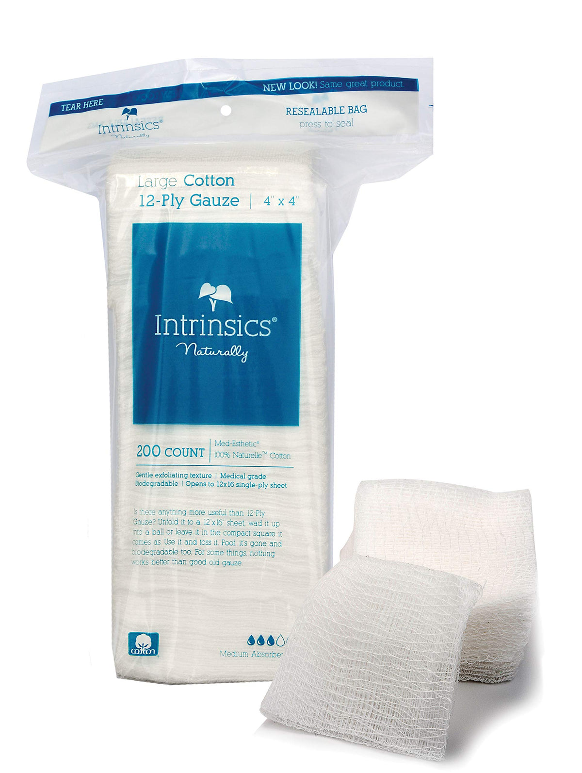 Intrinsics 12-Ply Cotton Gauze, 2&quot;X2&quot; Med-Esthetic, 200 Count, 100% Natural