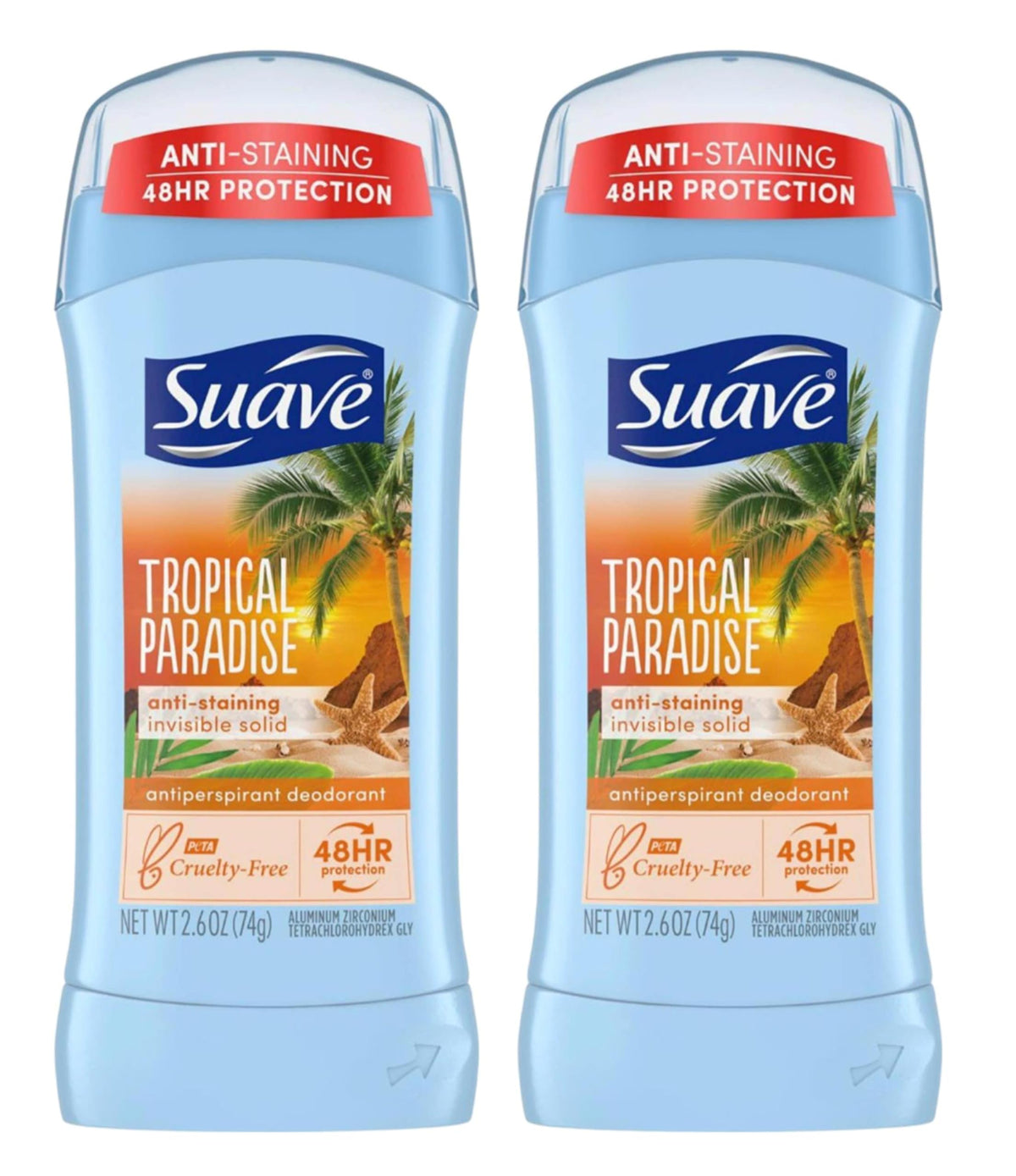 Suave 24Hr Tropic Paradise Deodorant, 2.6 Oz, Invisible Solid, 2 Pack