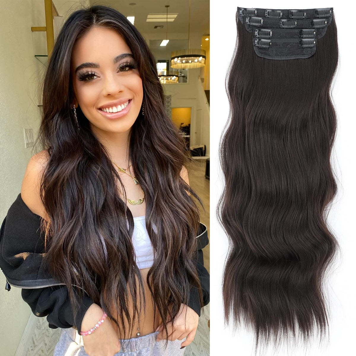 Vigorous 24&quot; Dark Brown Clip-In Hair Extensions - Thick Wavy Synthetic Hair For Women